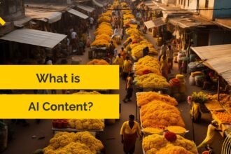 A bustling street market lined with stalls overflowing with bright yellow and orange marigold flowers, with vendors and shoppers moving through the narrow pathways under the warm golden light of early morning.