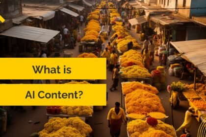 A bustling street market lined with stalls overflowing with bright yellow and orange marigold flowers, with vendors and shoppers moving through the narrow pathways under the warm golden light of early morning.