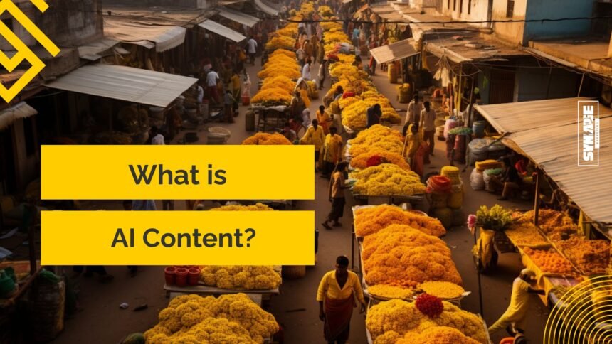 A bustling street market lined with stalls overflowing with bright yellow and orange marigold flowers, with vendors and shoppers moving through the narrow pathways under the warm golden light of early morning.