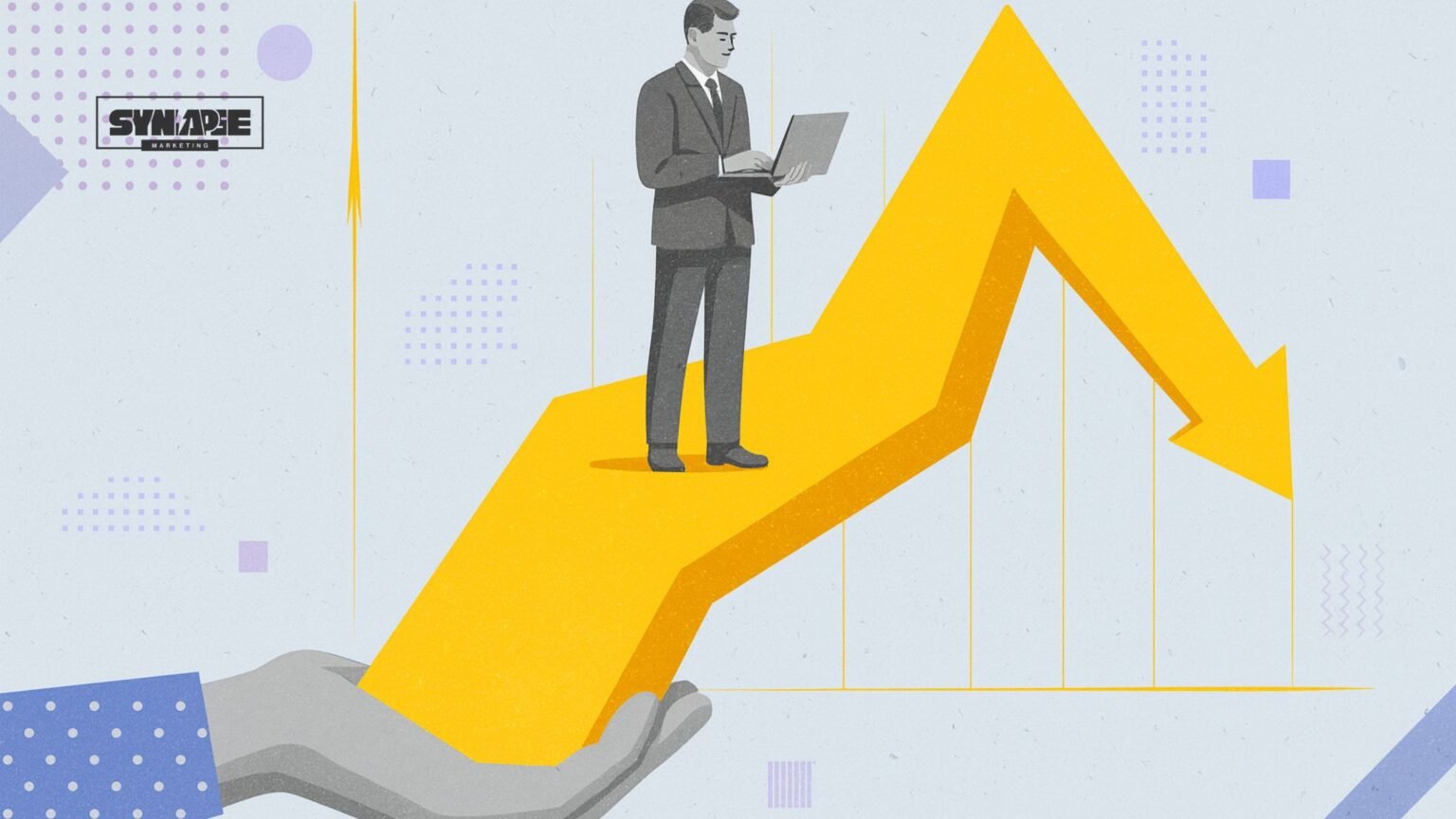 AI Tools For Affiliate Marketers: grayscale businessman reading laptop on a 3D arrow graph held by a hand.