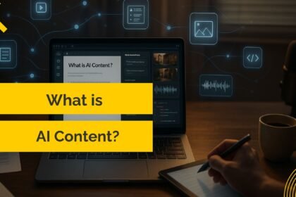 Person working at a desk with a laptop displaying a presentation titled 'What is AI Content?', surrounded by digital icons representing multimedia elements like text, video, images, audio, and code, symbolizing AI-powered content creation.