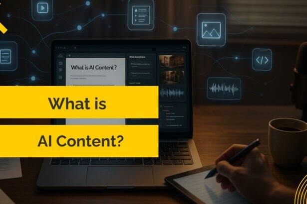 Person working at a desk with a laptop displaying a presentation titled 'What is AI Content?', surrounded by digital icons representing multimedia elements like text, video, images, audio, and code, symbolizing AI-powered content creation.