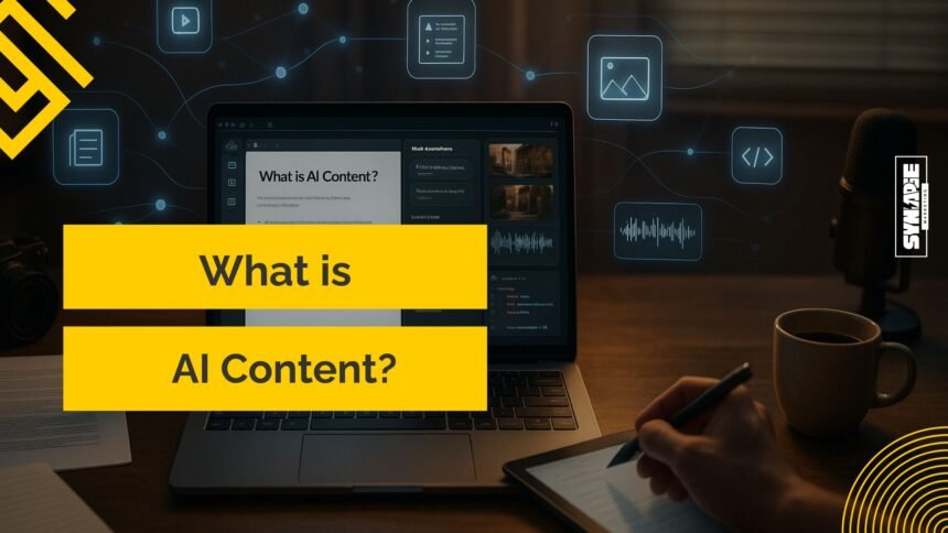 Person working at a desk with a laptop displaying a presentation titled 'What is AI Content?', surrounded by digital icons representing multimedia elements like text, video, images, audio, and code, symbolizing AI-powered content creation.