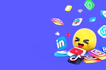 Best AI Tool For Social Media illustration with 3D emoji surrounded by icons of TikTok, Instagram, LinkedIn, YouTube, Snapchat, WhatsApp, Skype, Messenger, and other platforms