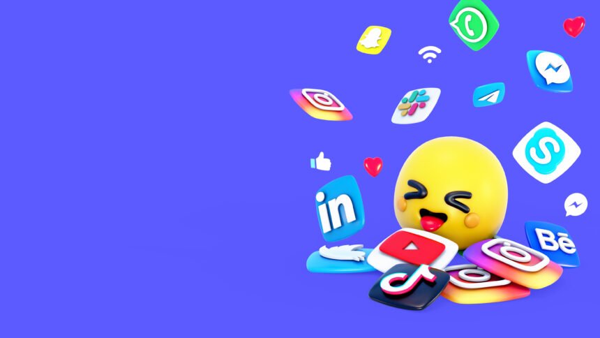 Best AI Tool For Social Media illustration with 3D emoji surrounded by icons of TikTok, Instagram, LinkedIn, YouTube, Snapchat, WhatsApp, Skype, Messenger, and other platforms