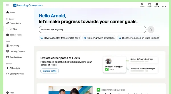 LinkedIn Career Hub dashboard showing personalized career paths for software engineer with course recommendations and skill development options