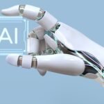 AI in Digital Marketing concept showing a robotic hand holding a glowing AI chip, symbolizing artificial intelligence driving marketing automation and analytics