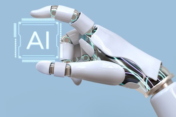 AI in Digital Marketing concept showing a robotic hand holding a glowing AI chip, symbolizing artificial intelligence driving marketing automation and analytics
