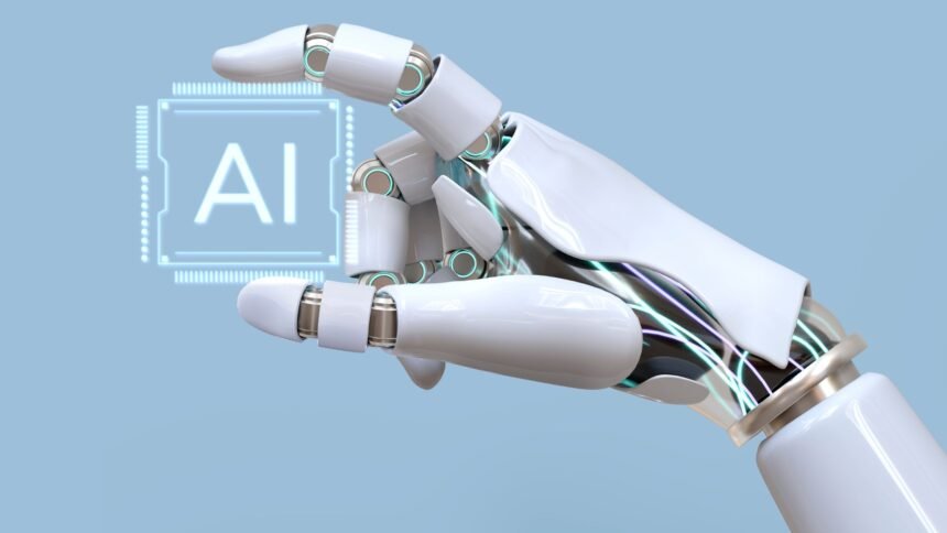 AI in Digital Marketing concept showing a robotic hand holding a glowing AI chip, symbolizing artificial intelligence driving marketing automation and analytics