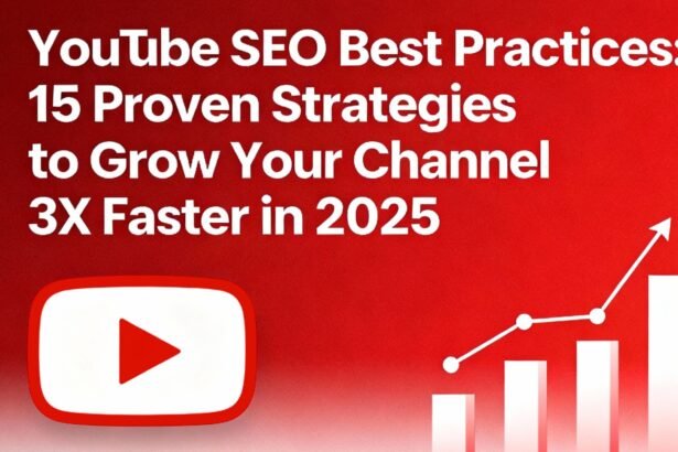YouTube SEO Best Practices blog post banner featuring 15 proven strategies to grow your channel 3X faster in 2025 with YouTube play button and growth charts