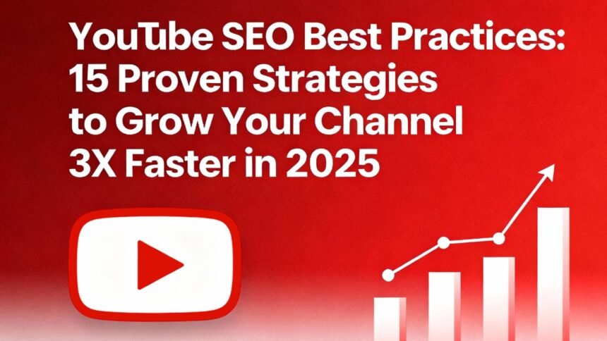 YouTube SEO Best Practices blog post banner featuring 15 proven strategies to grow your channel 3X faster in 2025 with YouTube play button and growth charts