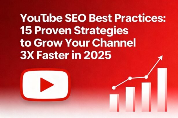 YouTube SEO Best Practices blog post banner featuring 15 proven strategies to grow your channel 3X faster in 2025 with YouTube play button and growth charts