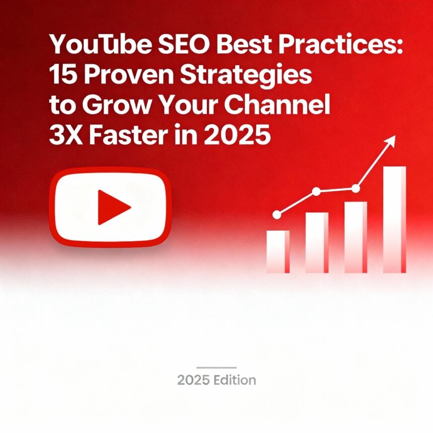 YouTube SEO Best Practices blog post banner featuring 15 proven strategies to grow your channel 3X faster in 2025 with YouTube play button and growth charts